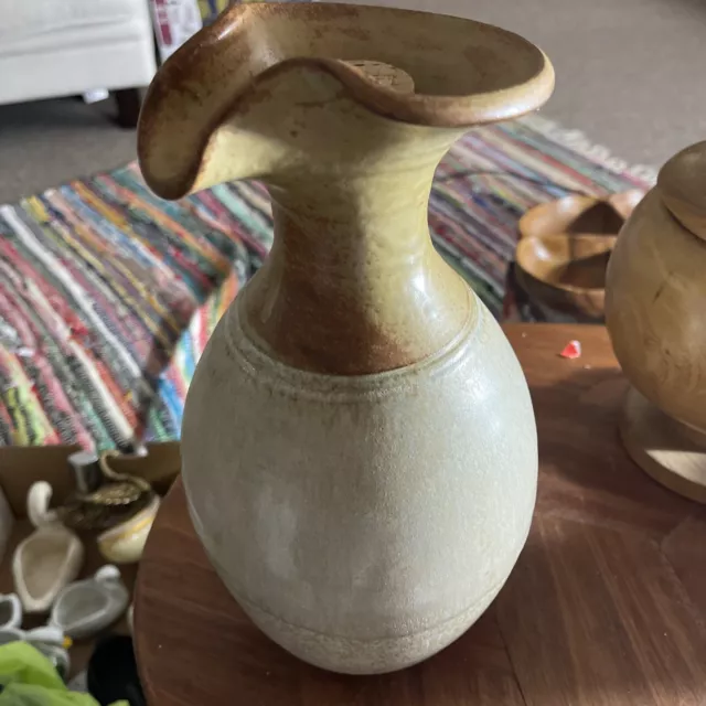Signed Vintage Stoneware Jug Vase Two Toned Mid Century Bens Pottery 3