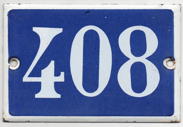 Old blue French house number 408 door gate plate plaque enamel steel metal sign