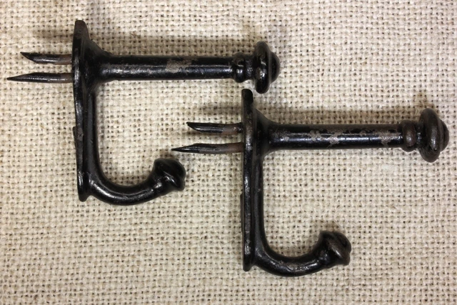 2 Old Coat Hooks Rustic School Farmhouse Antique Vintage Black Paint Nail In