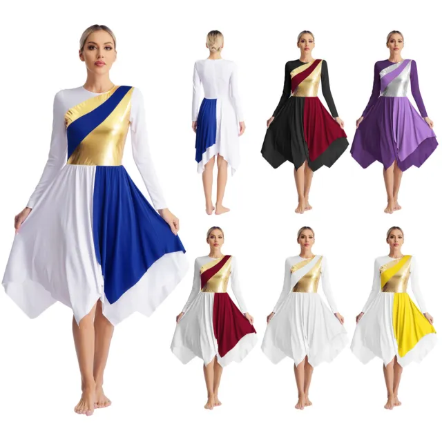 Women Color Block Lyrical Praise Dance Dress Liturgical Church Costume Dancewear