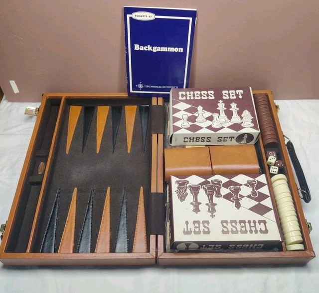 VINTAGE FRED ROBERTS Travel Chess Checkers Backgammon Briefcase Game ...