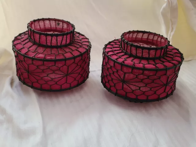 2 Antique 19th Century Chinese Wire Lanterns Round Hand Wrought RED MESH 4" 2