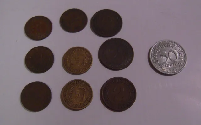 1 , 2, 5 und 50 Pfennig Münzen - Deutsches Reich - 10 Stück