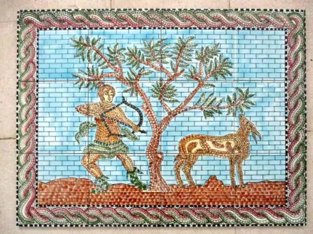 Ceramic tile art Roman Mosaic style wall mural panel Goddess Diana deer hunting