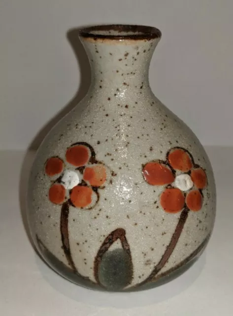 Vintage Otagiri Japan Pottery Bud Vase Hand Painted Floral Speckled Brown Orange 2