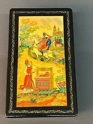 Vtg.  USSR Russian Hand-Painted Black Lacquer Box Fairy Tale Wishing Well 7 1/4"