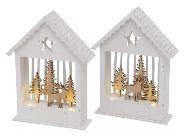 2er Set LED-Laterne Weiss - Holz Haus LED-Laterne 25cm Winterlandschaft Holzhaus