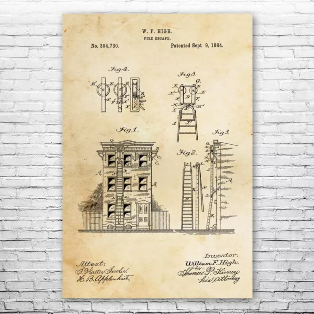 Fire Escape Poster Patent Print Fire Station Art Fireman Gifts Safety Inspector