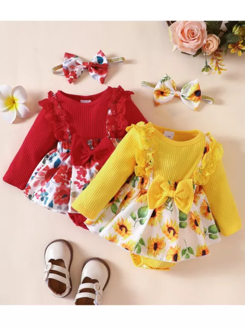 Neugeborenes Baby Mädchen Kleidung Säugling Strampler Blumenmuster Schleife Kleid Outfit Overall