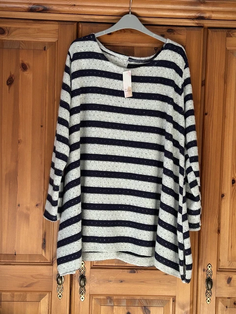 Top altalena Made In Italy Lagenlook blu a righe lavorato a maglia morbida si adatta 18-22