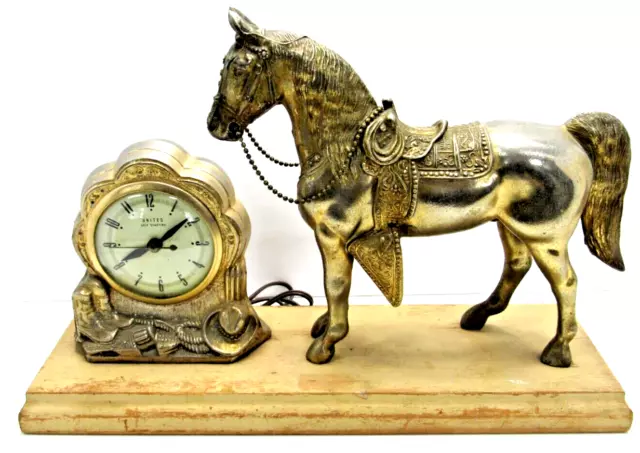 Working United Clock Electric Self Starting Horse Clock Gold Tone #VO