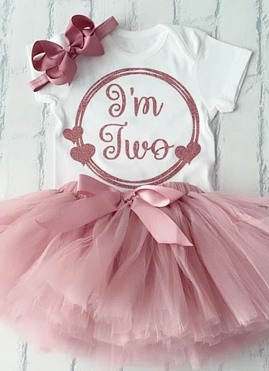 Girls 2nd Two Second Birthday Full Outfit Dusky Pink Rose Gold Glitter Net Tutu