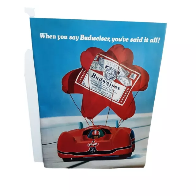1975 Budweiser Racing With Parachute Original Print Ad Vintage