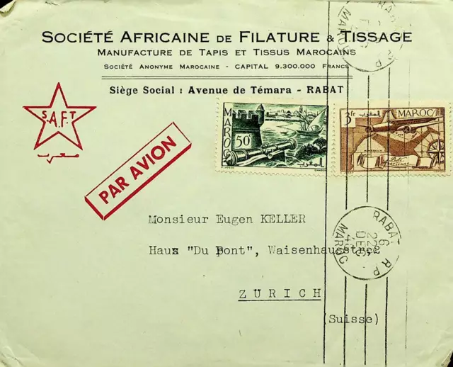 MOROCCO 1940 WWII 2v AIRMAIL COVER FROM RABAT TO ZÜRICH SWITZERLAND