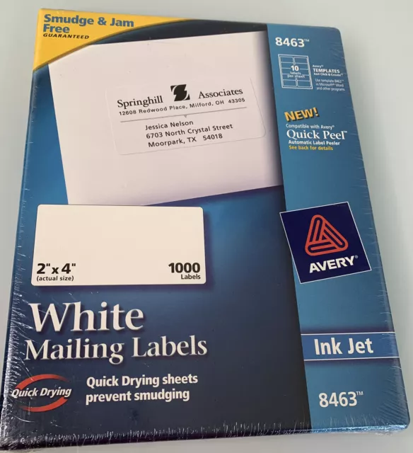 Avery Shipping Labels 8463 for Inkjet Printers 2" x 4" 1000 labels QUICK DRYING