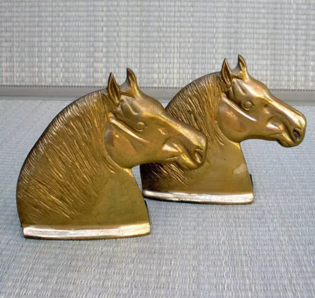 Vintage Brass Metal PERCHERON 2 Horse Head Bookends Set Virginia Metalcrafters