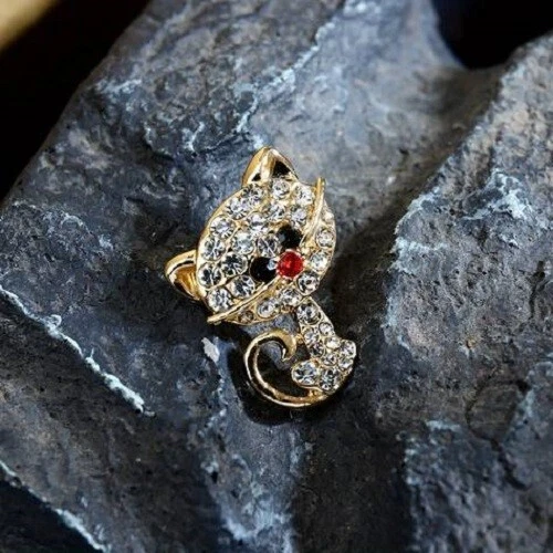 Broche Chat En Métal Doré Et Strass - Accessoire Vintage - Neuf Sans Emballage