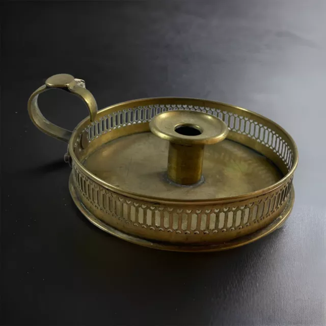 Antique 19th Century English Brass Chamberstick  Reticulated Candleholder 7.5x6”