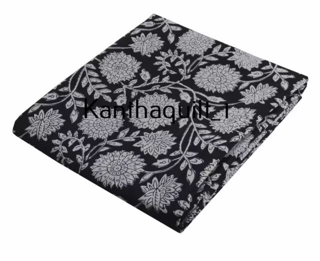 Hand Block Floral Print 100% Cotton Black Fabric Running Indian