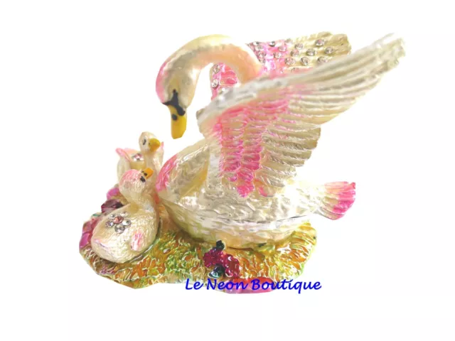 Bejeweled  Swan mom & babies Hinged Metal Enameled Rhinestone Trinket Box