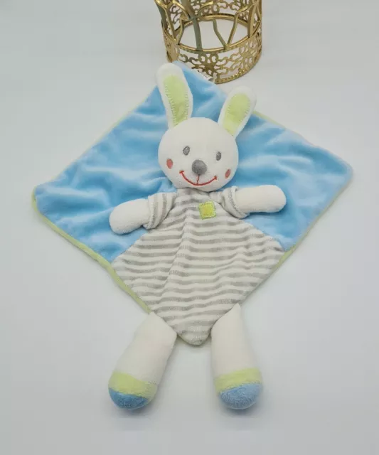 50 - Doudou Plat Nicotoy Simba Lapin Blanc Bleu Vert Gris Rayure Raye Neuf