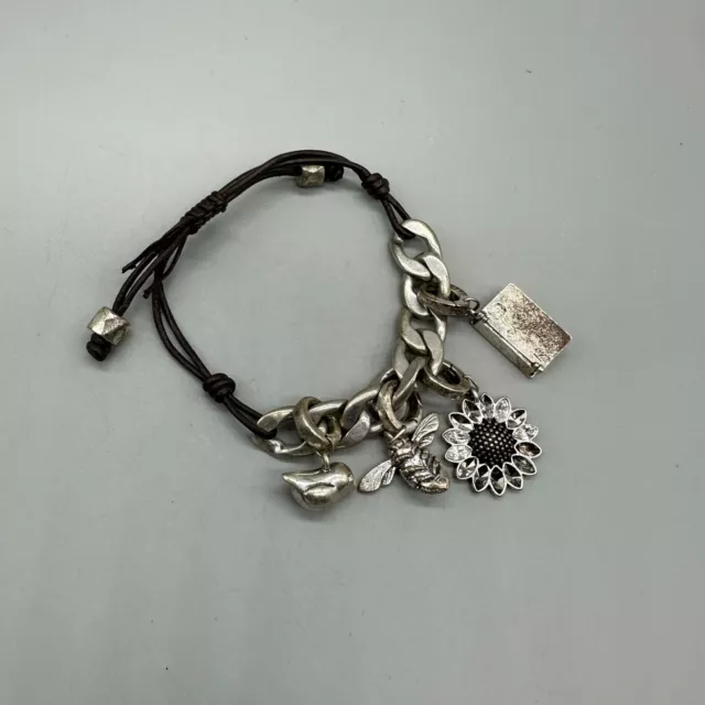 Fossil Bracelet Silver Tone Brown Band Clip On Charms Flower Bird Bee Envelope 3