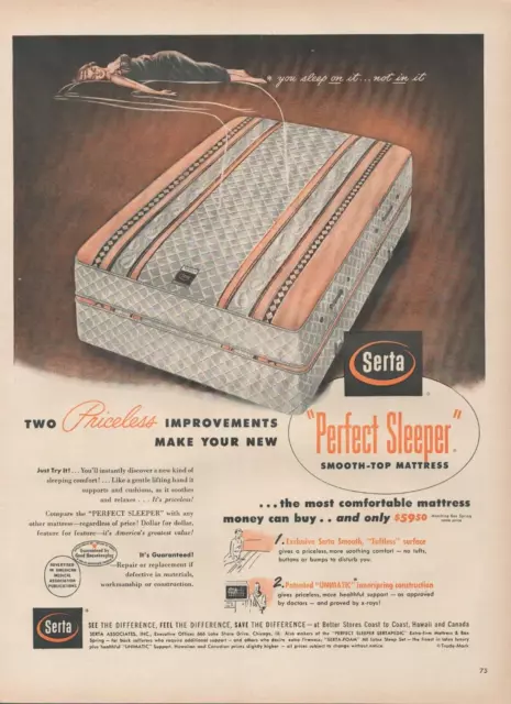 1953 Serta Perfect Sleeper Mattress You Sleep On It Not In It Vintage Print Ad