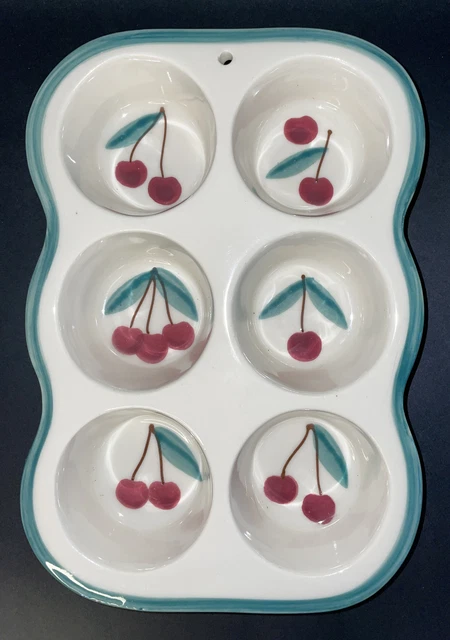 Hartstone Stoneware Hand Painted Cherry Muffin Cupcake Pan Green Edge Initialed