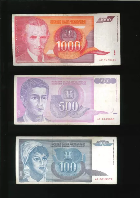 Lot 3pcs x Yugoslavia Dinars Inflation Banknotes 1992 1993