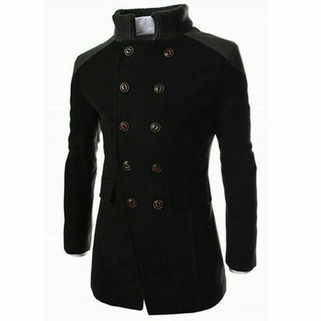 Mens Winter Woolen Long Jacket Trench Coat Double Breasted Warm Overcoat Outwear
