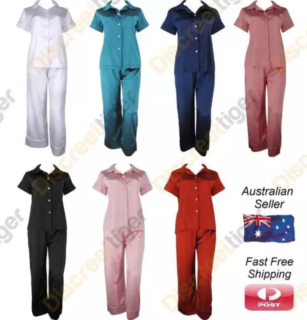 Womens Premium Satin Pyjamas Silk PJs Long Pants Pajamas Plus Size 6 - 26