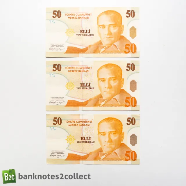 TURKEY: 3 x 50 Turkish Lira Banknotes with Consecutive Serial Numbers.