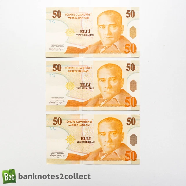 TURKEY: 3 x 50 Turkish Lira Banknotes with Consecutive Serial Numbers.