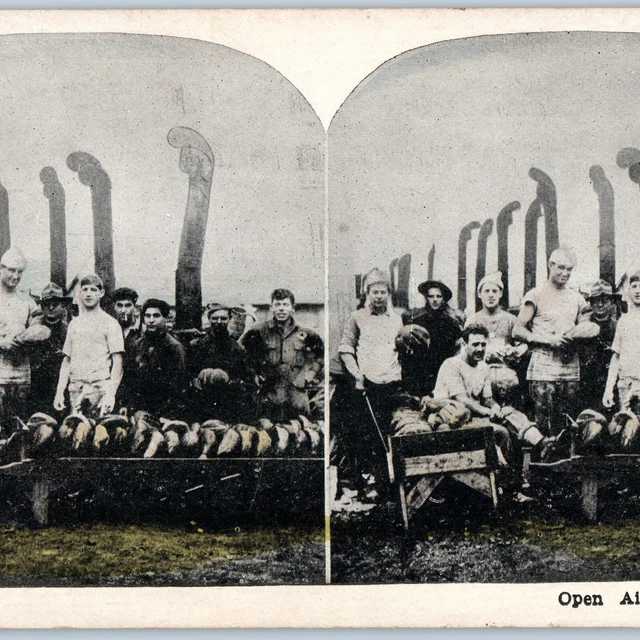 c1910s WWI War Camp Open Air Bakery Cook Stereoview Soldier Stoves Military V34