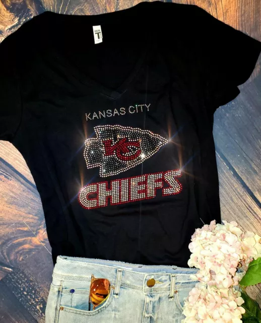 Kansas City Chiefs Rhinestone New Womens VNeck Tshirt Sizes SM-4X Womens sizing