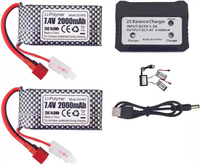 Lot de 2 batteries 7.4V 2000mAh avec prise en T et chargeur pour RC 9200, 9200E