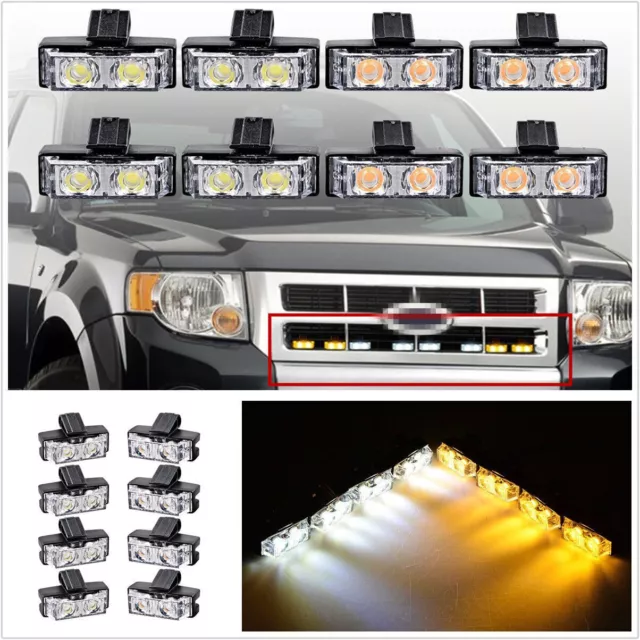 8 X 2-LED Amber+White Car Off-Road Grille Emergency Strobe Light Flashing Lamp