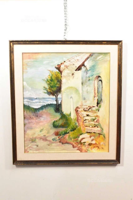 Quadro Dipinto A Mano Raffigurante Rustico In Riva Al Mare 84 X 74 Cm