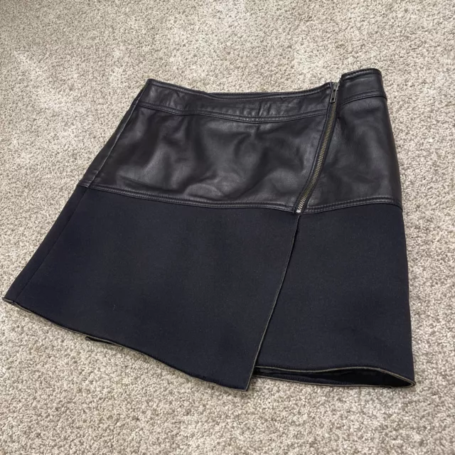 Halogen Black Leather and Neoprene Faux Wrap Asymmetrical Mini Skirt Sz 4