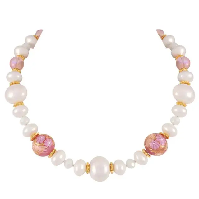 Ferrara Pink Murano Glass and White Shell Pearl Gold Tone Statement Necklace