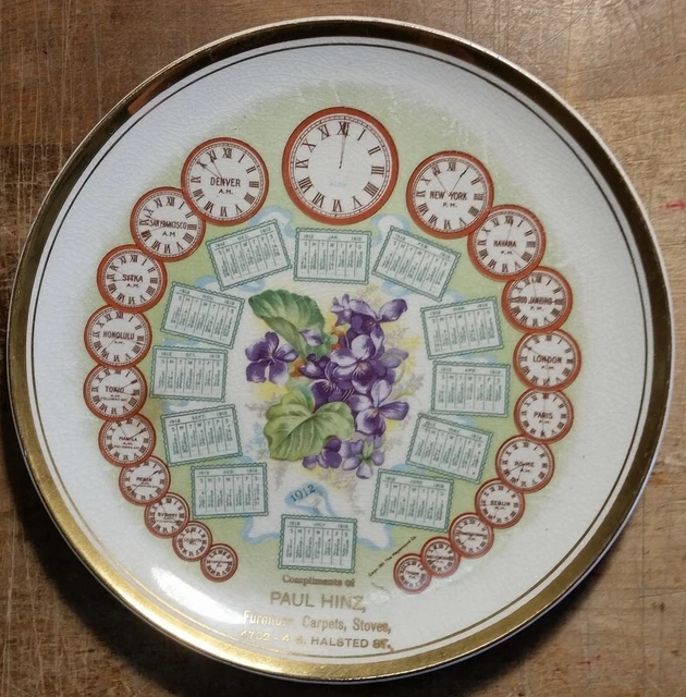 1912 Adv Calendar Plate Paul Hinz Furniture  Halsted St Chicago World Time Zones