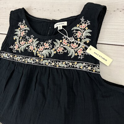 NWT $128 Max Studio Sleeveless Embroidered Dress Black Posie Spray Boho Size XL