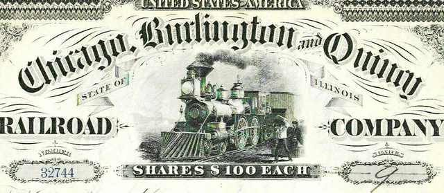 Chicago , Burlington and Quincy Railroad Comp. decorativ share USA locomotive .