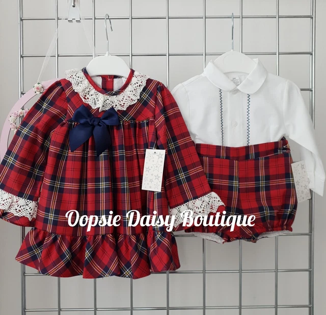 Girls Red Tartan Dress & Boys Shorts Set