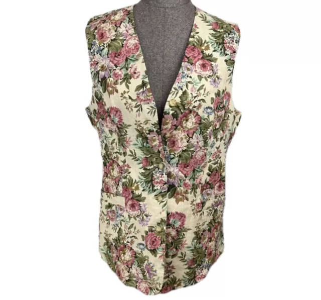 Talbots Tunic Length Vest 100% Linen Floral 10 Ivory Rose Pink Green Button Up