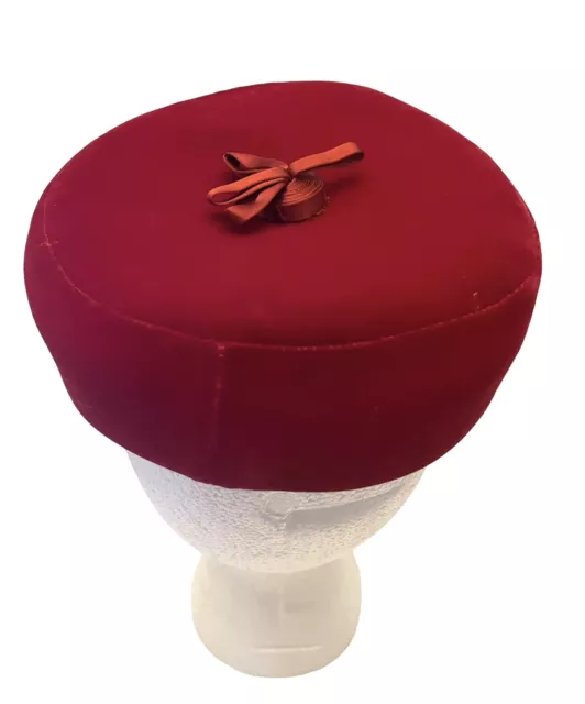 Vintage SEARS MILLERY Ruby Red Flat Top Velvet Romantic Womens Beret Hat USA