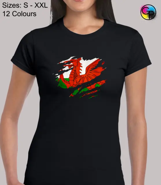 Welsh Flag Slash Novelty Wales Rugby Fan Fitted T-Shirt Top Tshirt Tee for Women