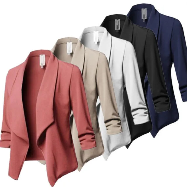 Womens Formal Work Jacket Crop Blazer Suit Office Ladies Open Front Coat Outwear
