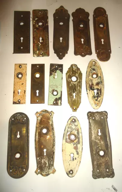 Set of 14 Different Antique Door Knob Back Plates Ornate Copper Vintage LOT # 8