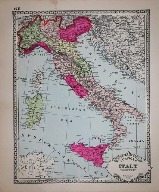 1885 Tunison Atlas Map ~ ITALY, SICILY, SARDINIA, CORSICA ~ (11x14) ~ Free S&H